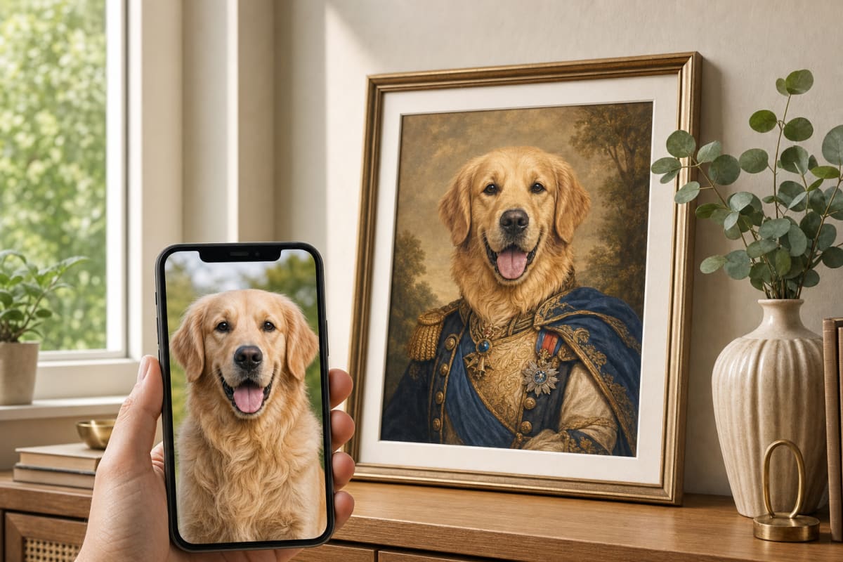 A phone showing a dog photo beside the finished framed custom pet portrait created from it