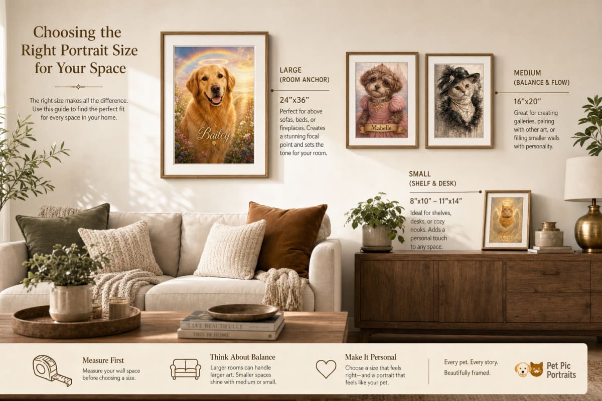 Custom pet portraits in large, medium, and small sizes arranged on a living room wall to compare