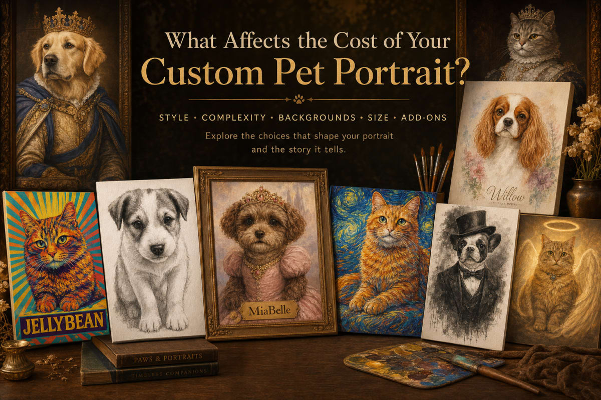 A range of custom pet portrait styles and sizes that shape the price, displayed together
