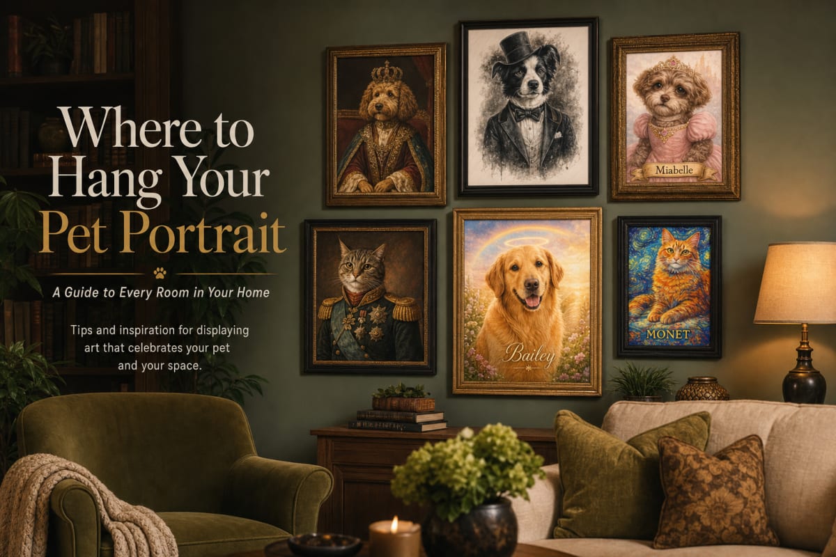 A gallery wall of framed custom pet portraits arranged in a cozy living room