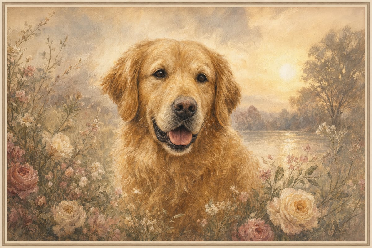 A softly lit framed memorial pet portrait, a gentle tribute to a beloved pet