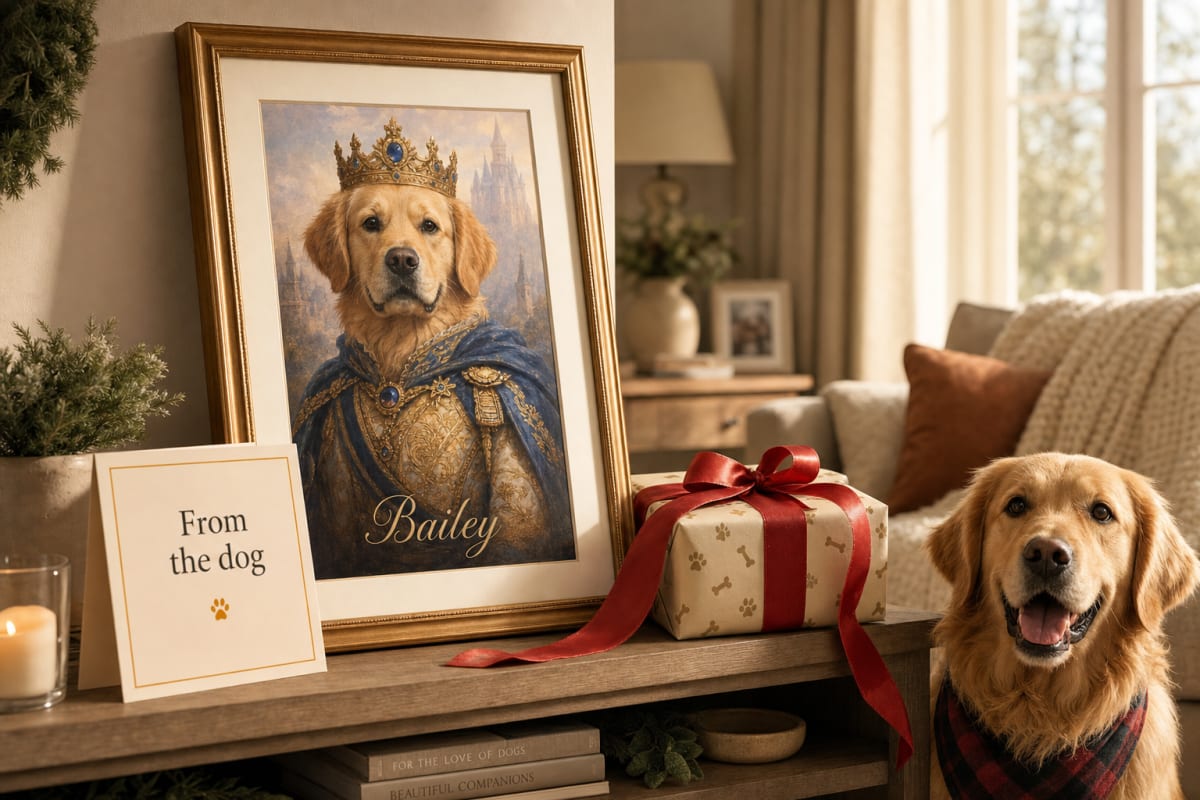 Framed custom dog portrait gift with card reading From the dog in a cozy living room