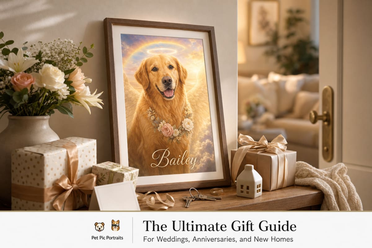 Framed custom pet portrait unwrapped as a wedding, anniversary, or housewarming gift