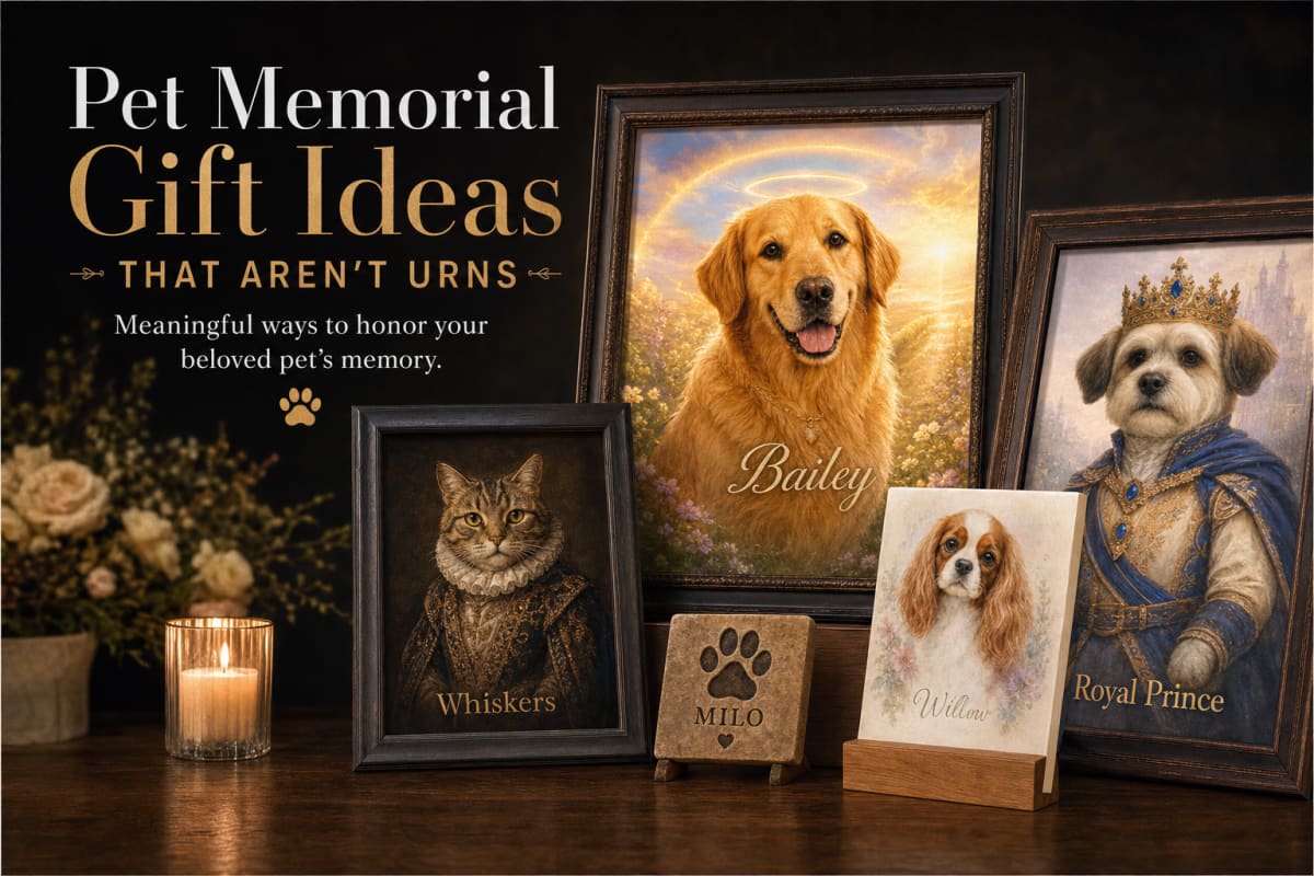 Softly lit framed pet memorial portrait in a calm home setting