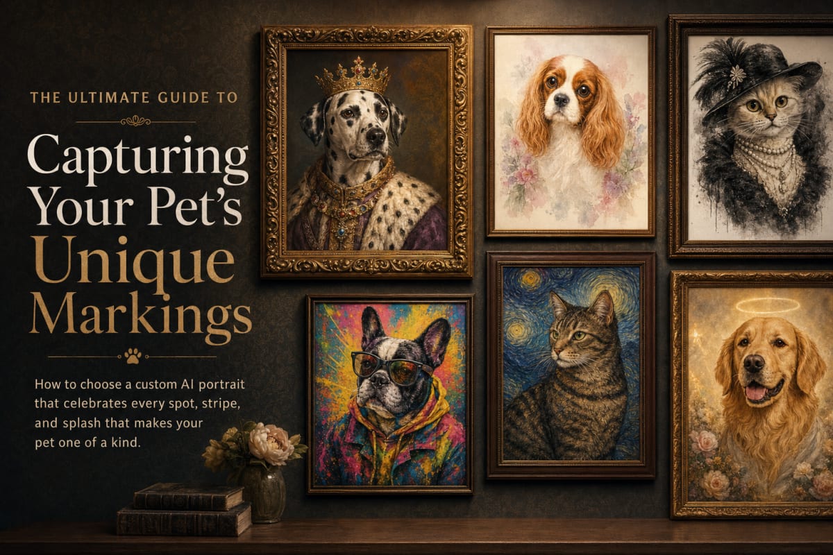 Single framed custom AI pet portrait highlighting unique markings on a warm home wall