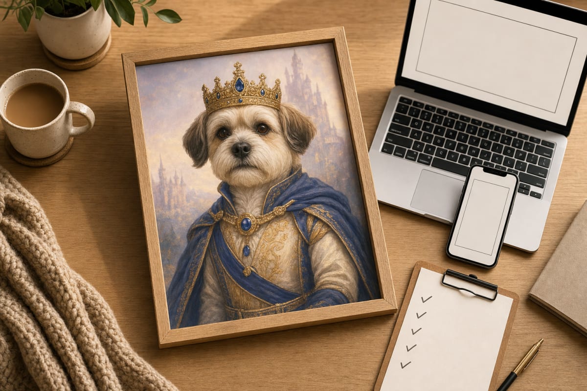 Framed pet portrait with order checklist on a warm home desk for choosing a trustworthy pet portrait seller