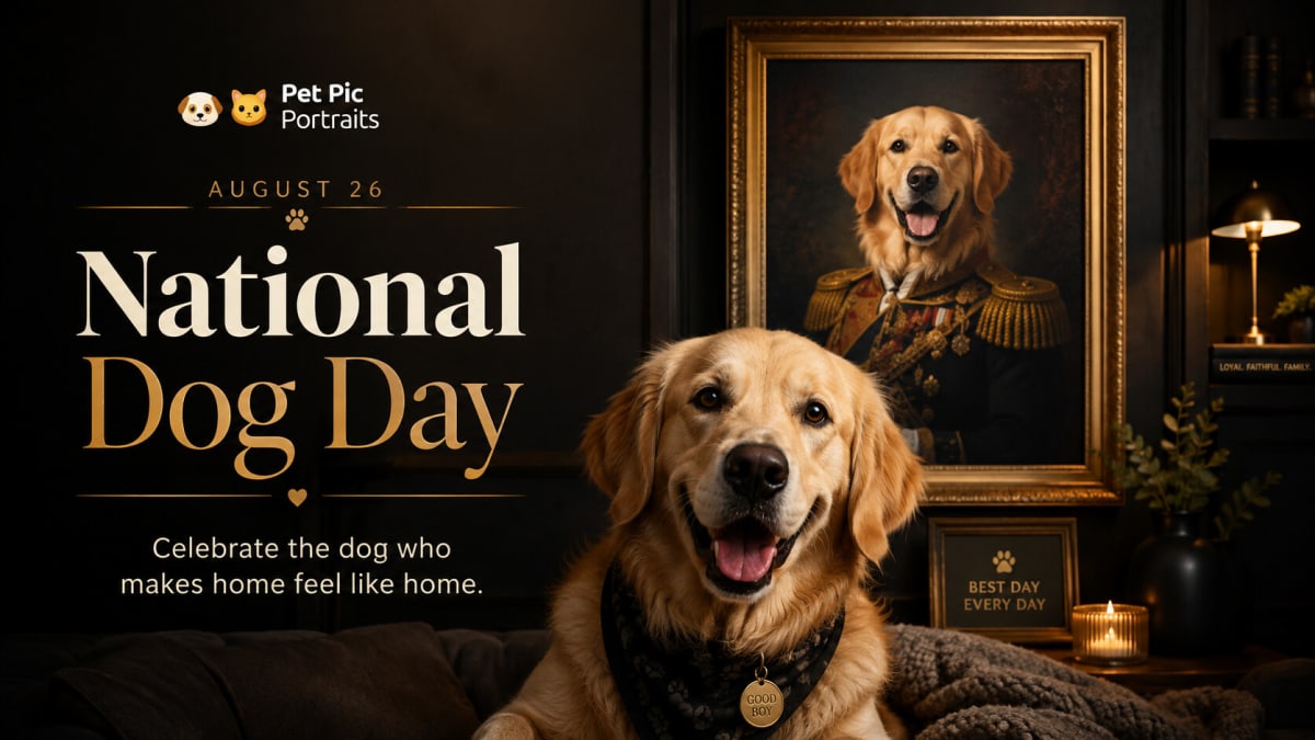 National Dog Day celebration banner with a Golden Retriever and its royal portrait