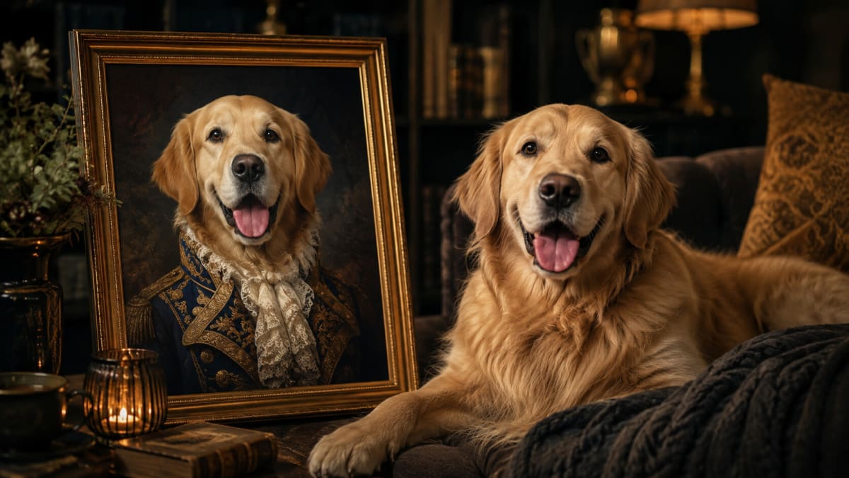 A Golden Retriever resting on the sofa beside its framed royal portrait