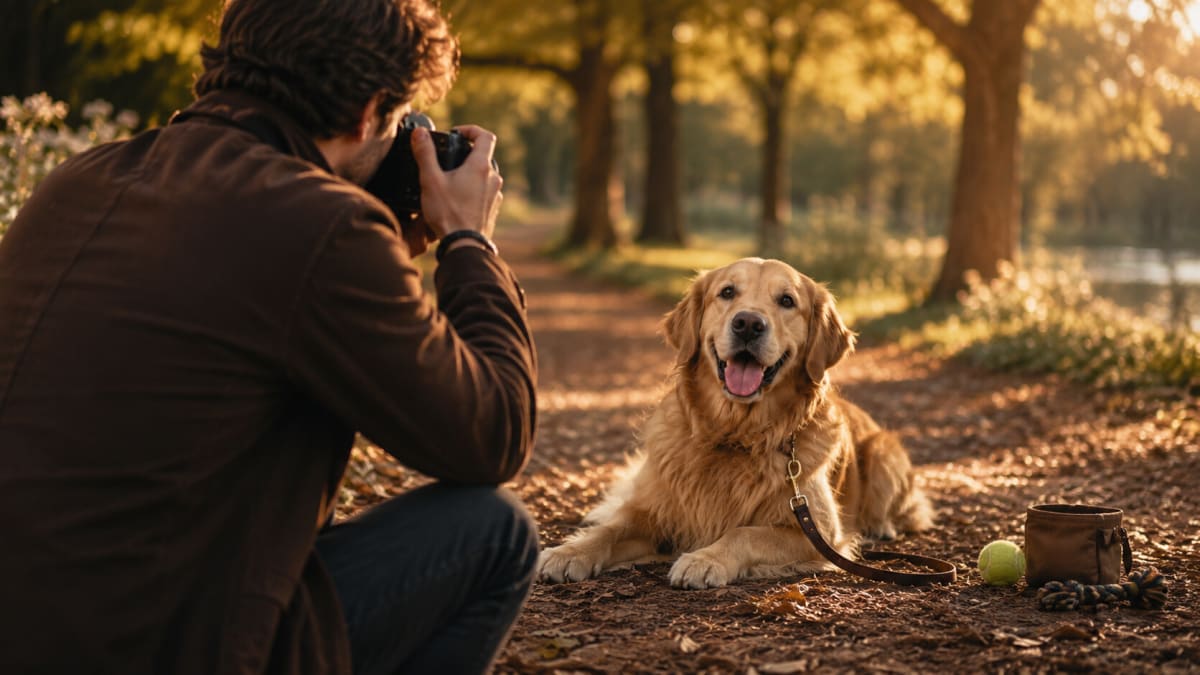 Taking a photo of a happy Golden Retriever in a sunlit park
