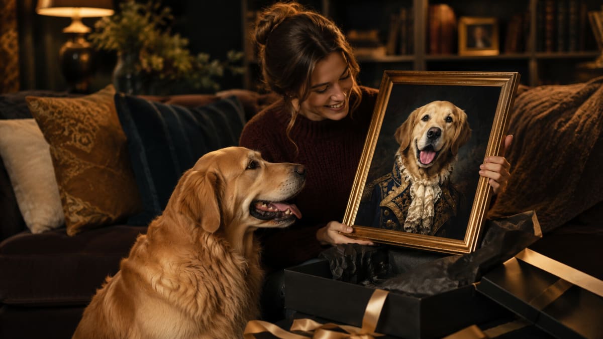 Unwrapping a framed pet portrait while the dog watches