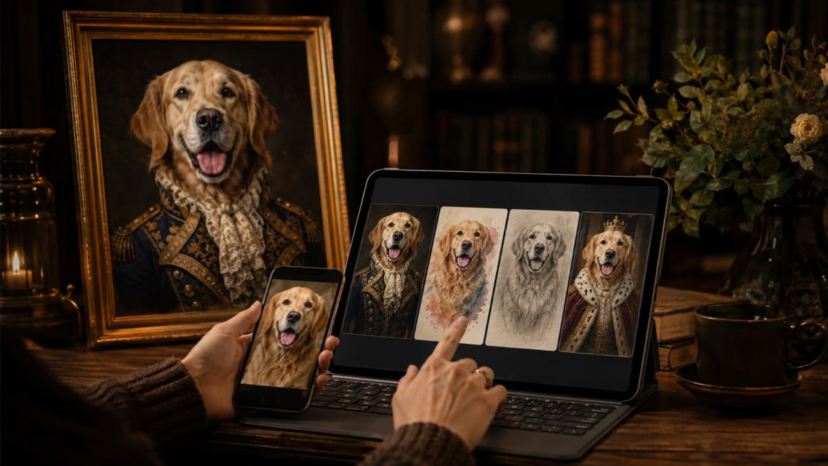 A tablet showing different art styles for one Golden Retriever portrait