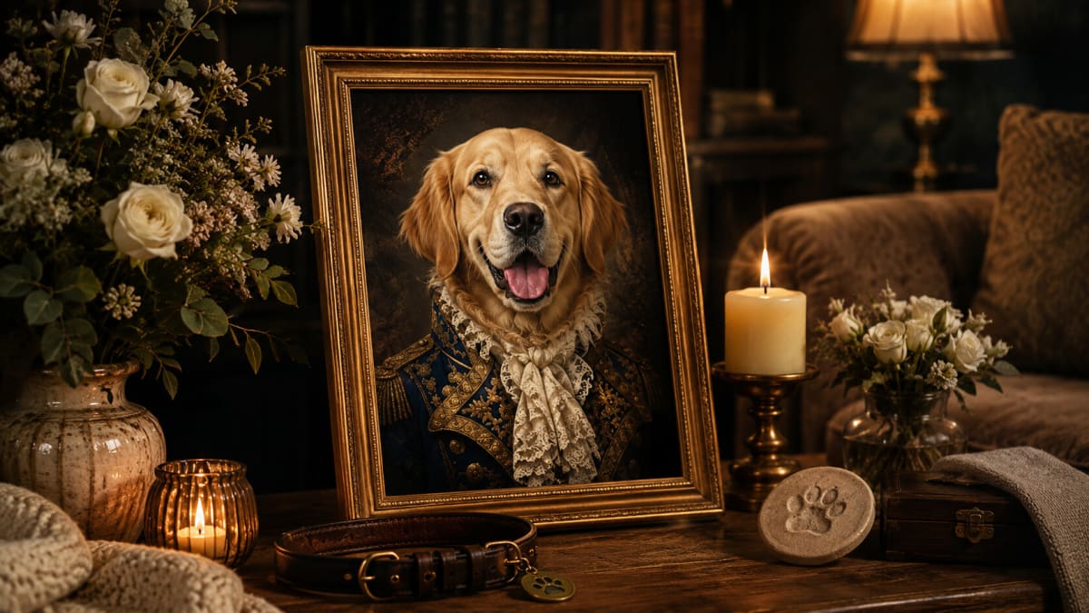 A framed pet portrait with candles and roses to remember a dog