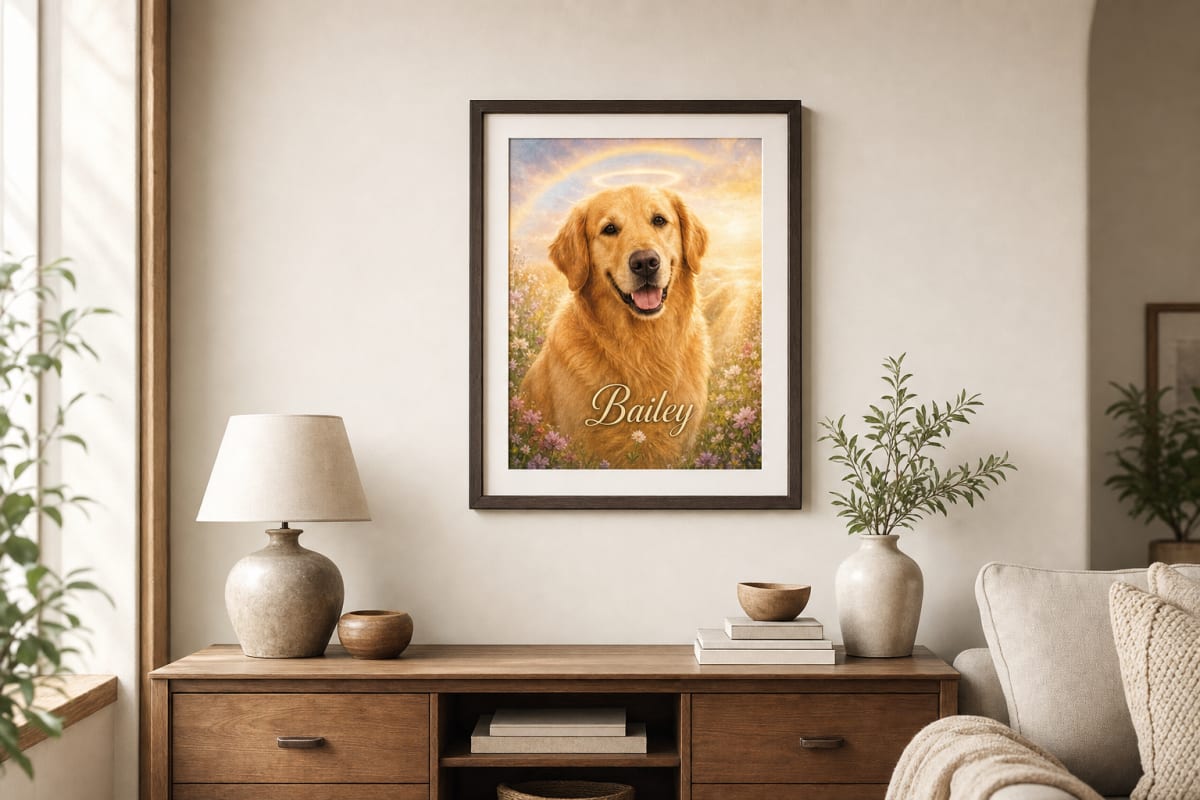 Framed AI pet portrait in a warm living room showing quality pet wall decor