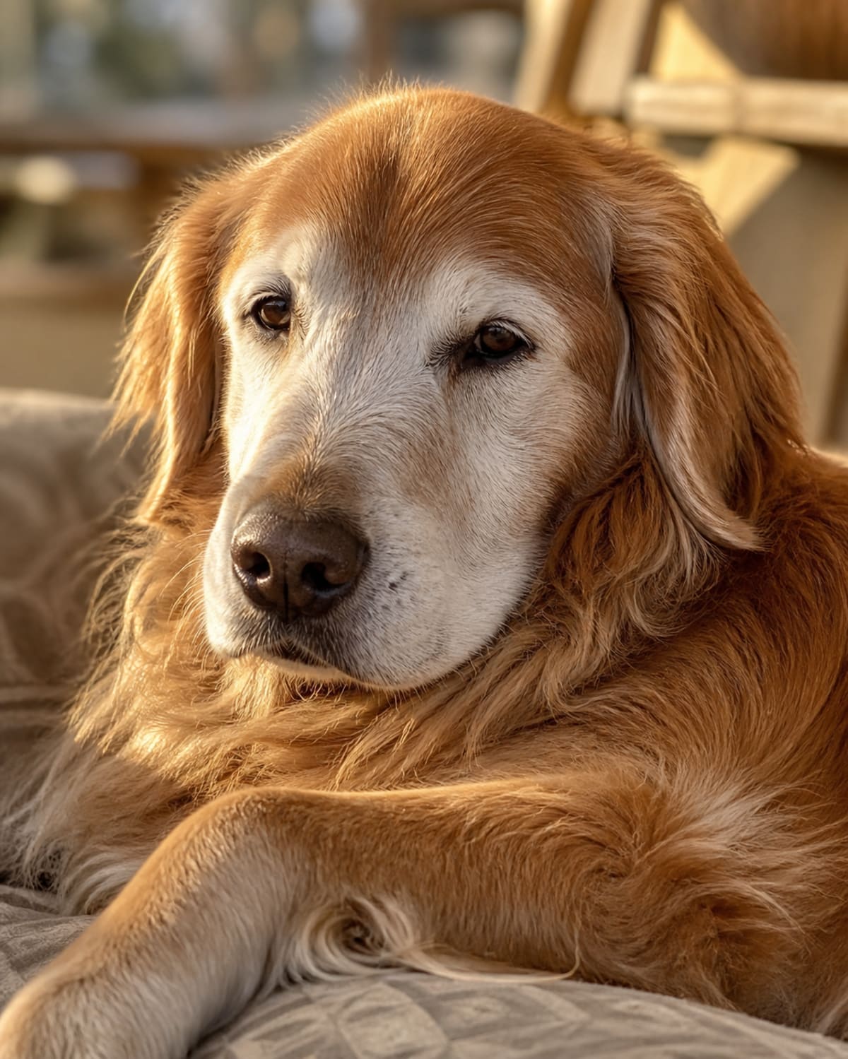 A senior golden retriever with a graying muzzle resting in warm golden-hour light