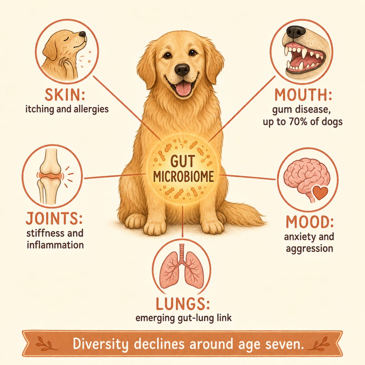 Infographic showing how a dog's gut microbiome affects the skin, mouth, joints, mood, and lungs