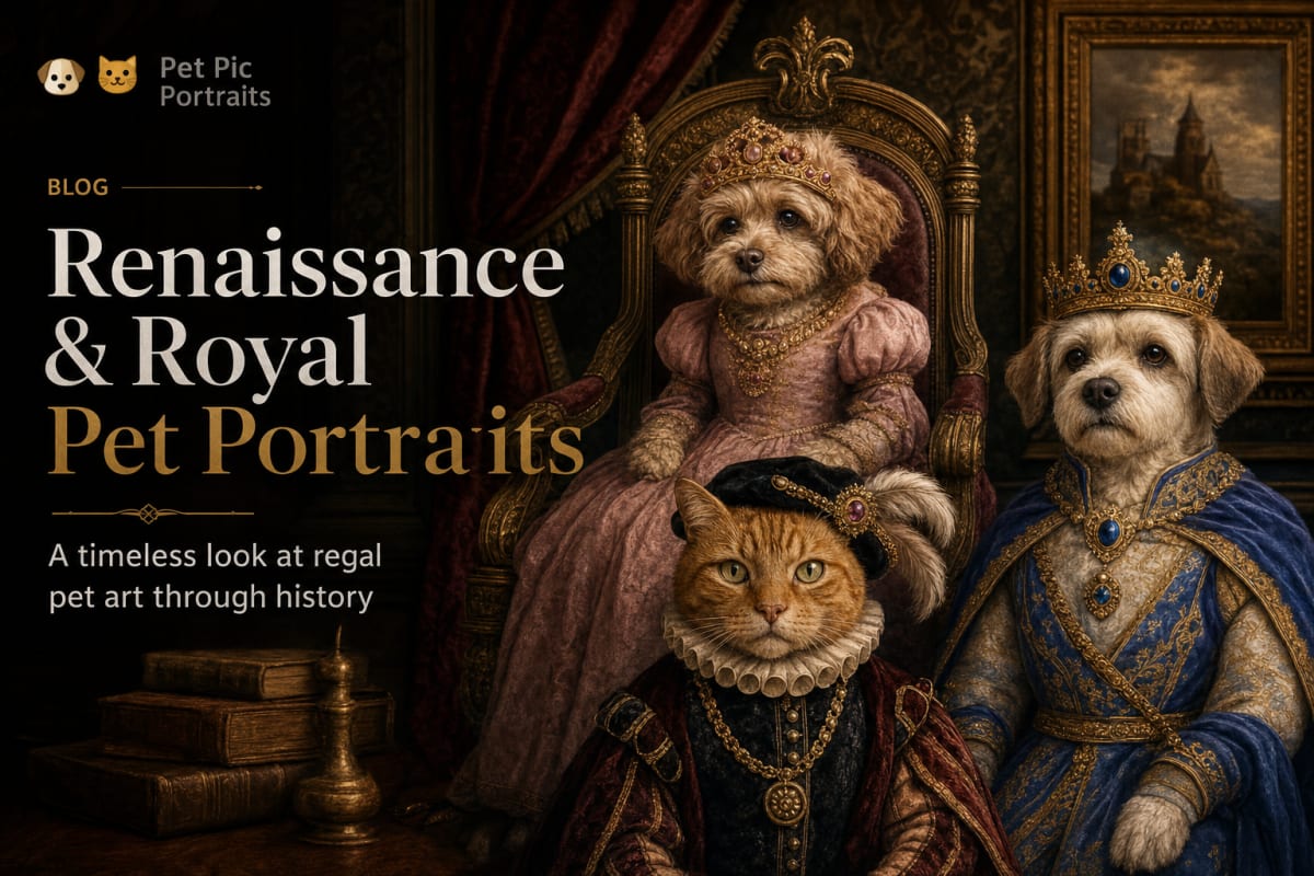 Framed royal and Renaissance pet portraits displayed on a warm living-room wall