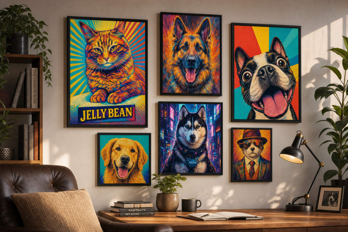 Gallery wall of framed pop art pet portraits in a stylish modern room