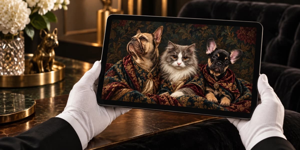 White-gloved hands presenting a digital portrait of three pets on a tablet.