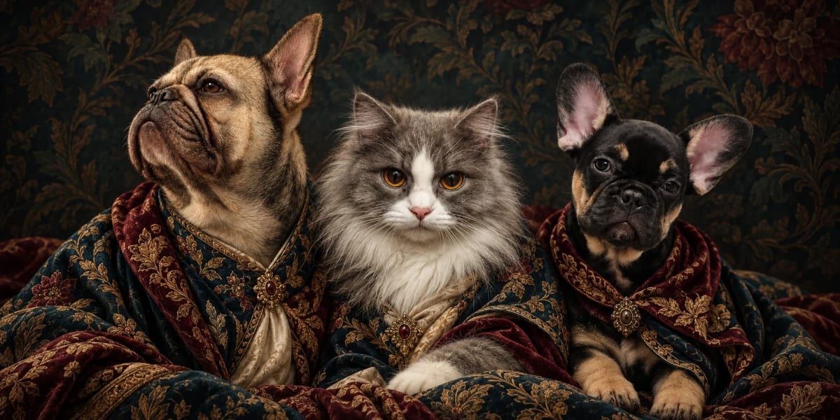 A fawn French bulldog, a fluffy gray-and-white cat and a black-and-tan French bulldog together in a custom portrait.