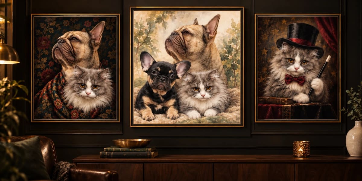 Custom portrait examples in brocade, watercolor and magician themes displayed in an illustrative room.