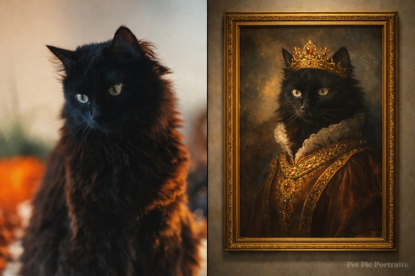 Custom cat portrait — phone photo of a black cat transformed into a classical Old Masters oil painting in an ornate gilt frame, by Pet Pic Portraits