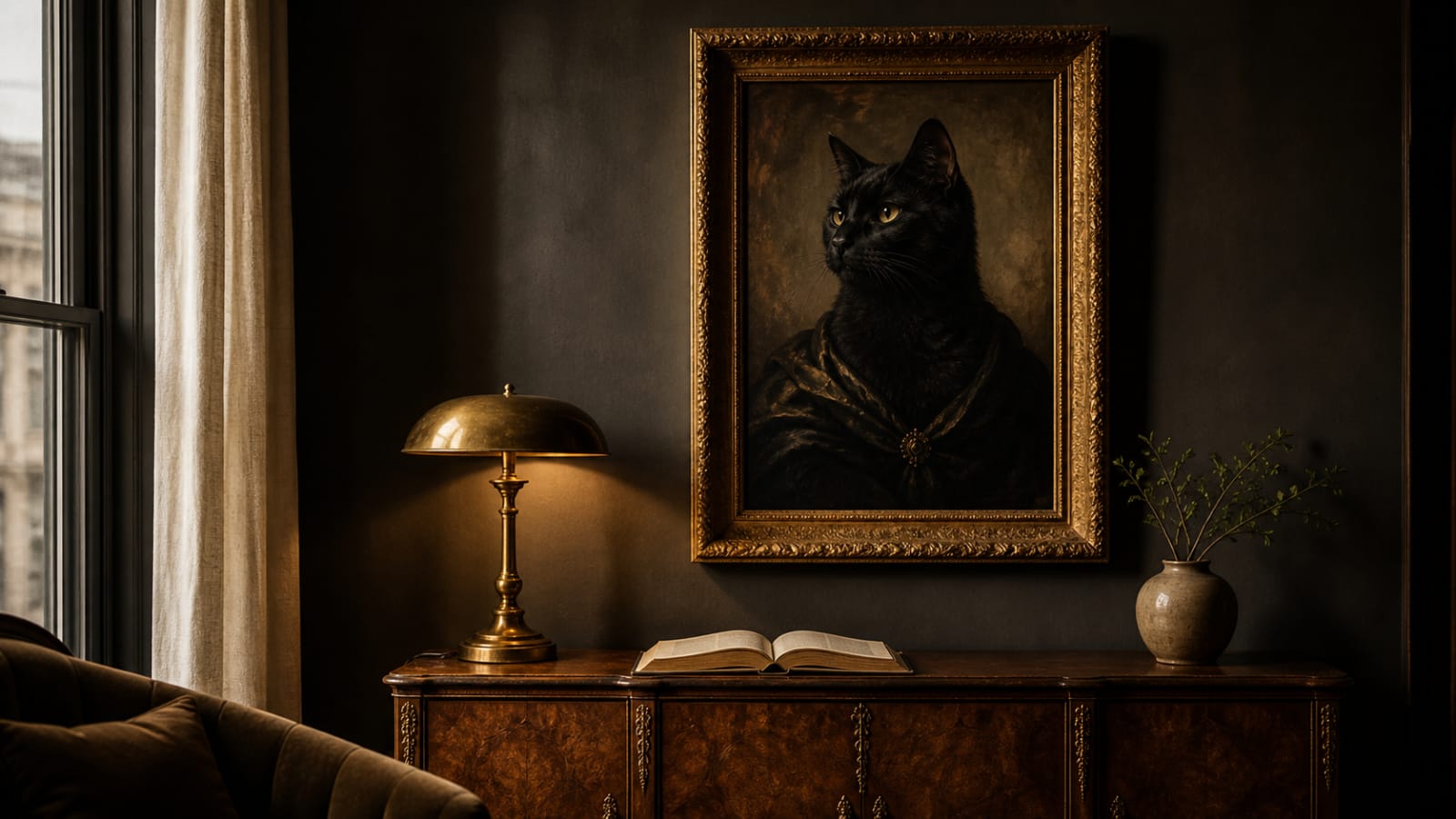 A custom cat oil painting in an ornate gilt frame hanging on a deep-charcoal apartment wall — Pet Pic Portraits framed cat portrait shown in a styled interior