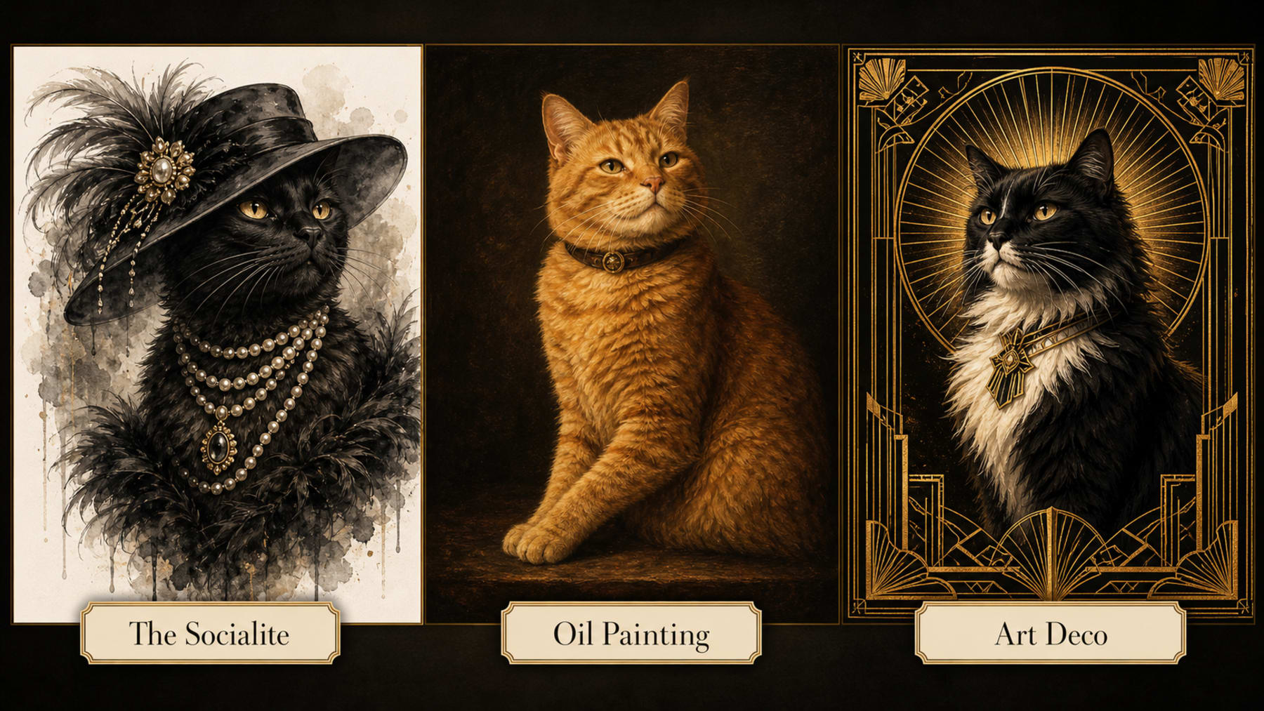 Three custom cat portrait styles from Pet Pic Portraits — The Socialite (watercolor with feathered hat and pearls), Oil Painting (classical Old Masters tradition), and Art Deco (gold geometric framing)