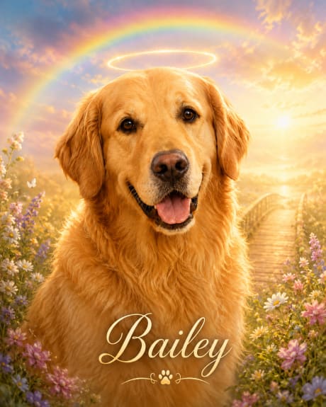 Rainbow bridge memorial portrait of Bailey, a Golden Retriever, in a sunlit meadow under a soft rainbow