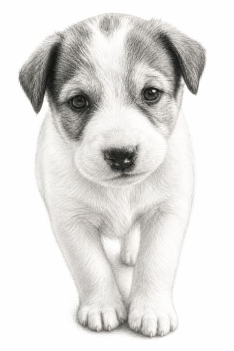Custom dog pencil drawing with graphite shading and cross-hatching on white paper