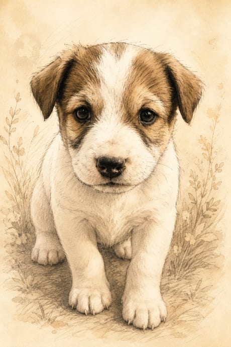 Storybook pet portrait — soft vintage illustrated pet sketch made from a photo