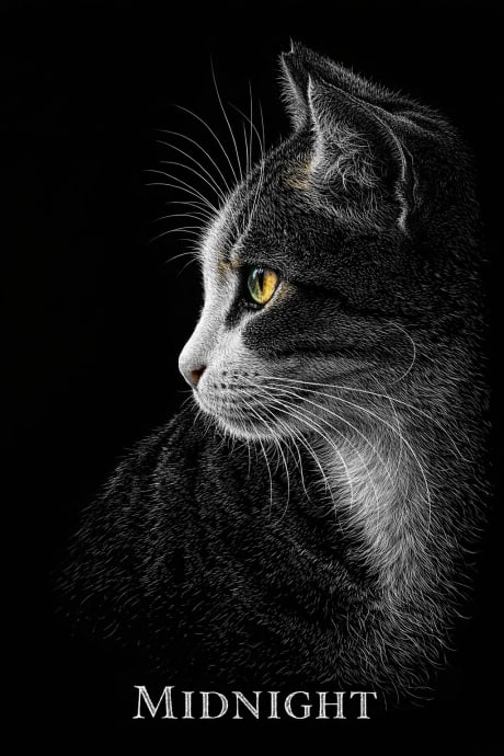 Line art pet portrait of a dog in fine white lines on a pure black background