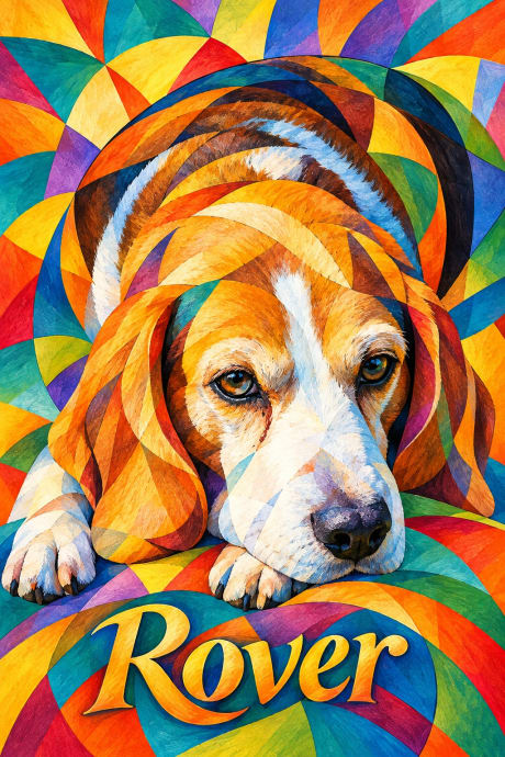 cubist pet portrait of a dog built from flowing colorful geometric fragments