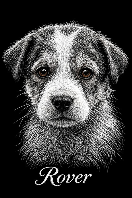 Line art pet portrait of a dog in fine white lines on a pure black background
