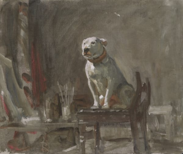 A Bull Terrier Named Weller by Sir Alfred Munnings — small intimate studio portrait of a bull terrier on a wooden chair, currently at Sotheby's auction