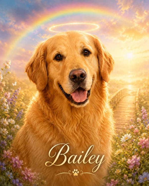 Rainbow Bridge Memorial pet portrait style