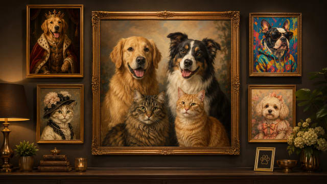 Custom oil painting portrait of two dogs and two cats together, in a gallery wall of Pet Pic Portraits art styles