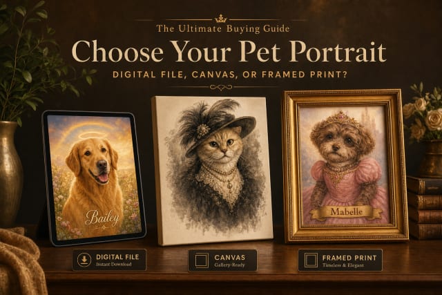 Three ways to get a custom pet portrait side by side: digital file, gallery canvas, and framed print
