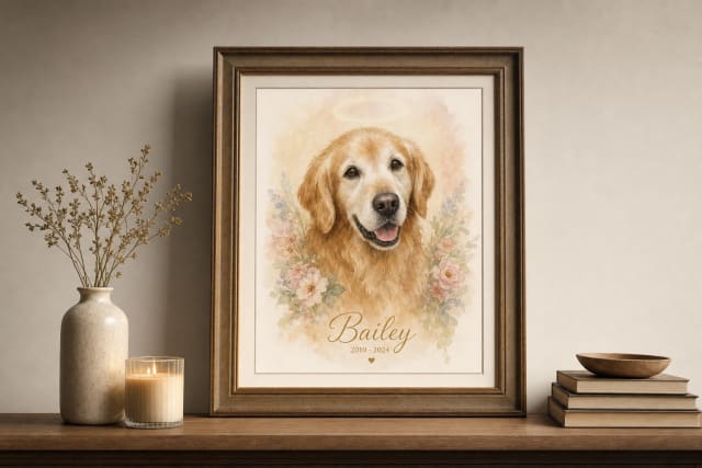 Softly lit framed custom AI pet portrait on a console table as a thoughtful pet sympathy gift
