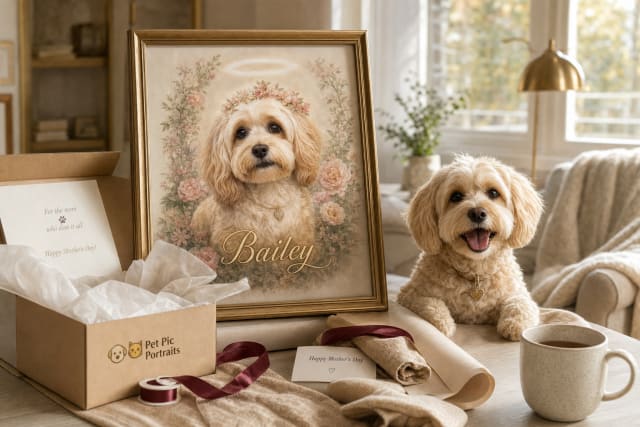 Framed custom dog portrait gift in a cozy dog mom living room vignette