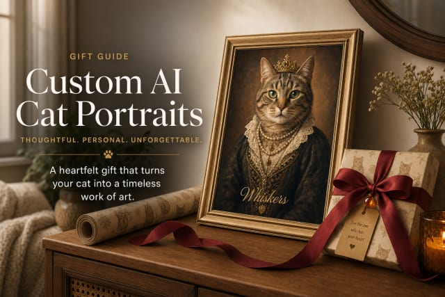 Framed custom cat portrait with wrapped gift in a warm living room vignette for cat lovers