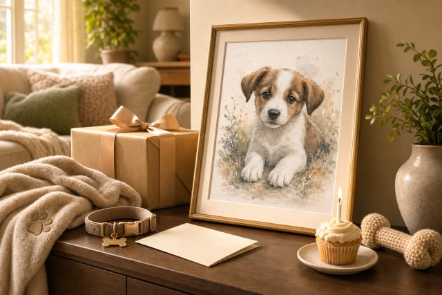 Warm gifting vignette with a framed AI pet portrait for puppy, adoption day, or first birthday milestones