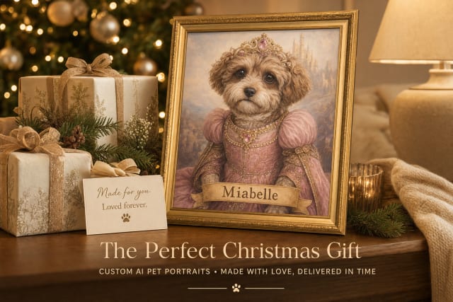 Framed custom AI pet portrait wrapped as a Christmas gift with holiday decor and an Order Early tag