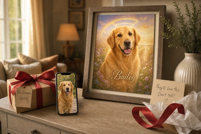Framed golden retriever portrait with wrapped gift and phone photo in a warm gift vignette