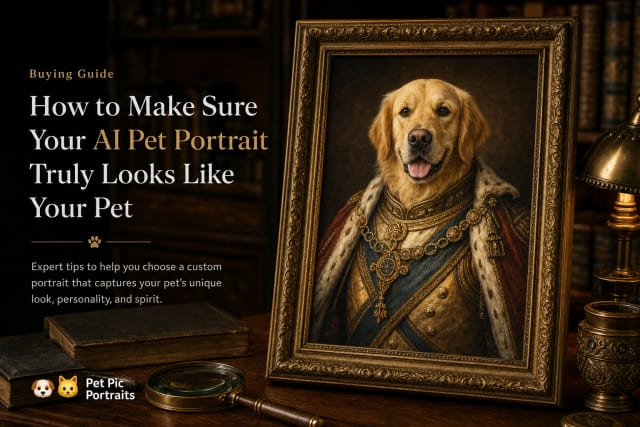 Dog beside a matching framed AI pet portrait in a warm living room