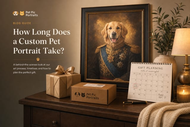 Framed custom AI pet portrait in a warm gift vignette with calendar and shipping box