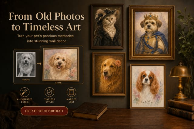 Framed AI dog portrait in a cozy room with an old blurry pet photo nearby