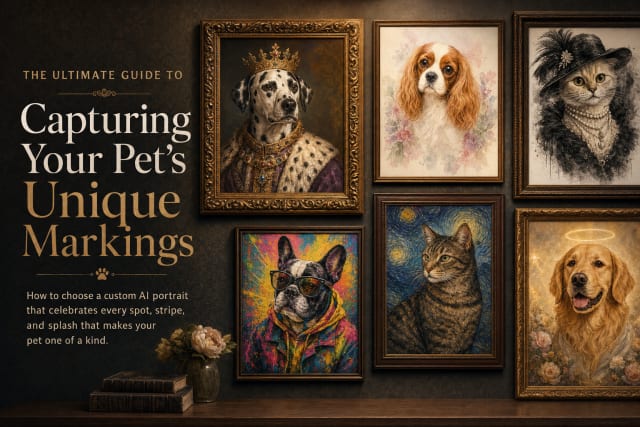 Single framed custom AI pet portrait highlighting unique markings on a warm home wall