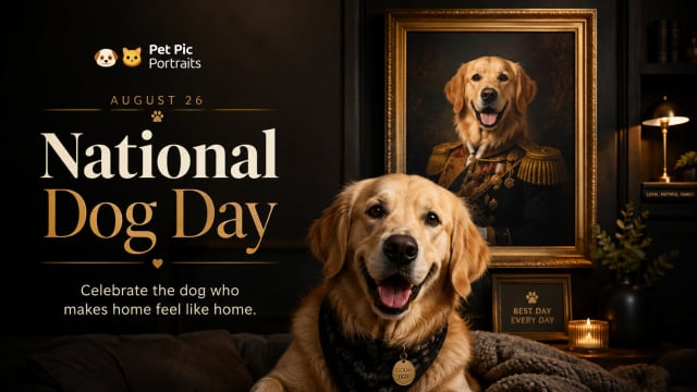 National Dog Day celebration banner with a Golden Retriever and its royal portrait