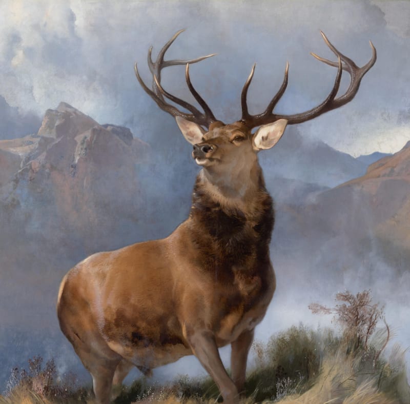 The Monarch of the Glen (1851) by Sir Edwin Landseer — a twelve-point Highland red stag against the misty Scottish mountains, one of the most reproduced paintings in British art history
