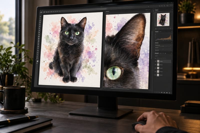 A person checks a digital pet portrait on a monitor with an enlarged detail of the eye and ear.